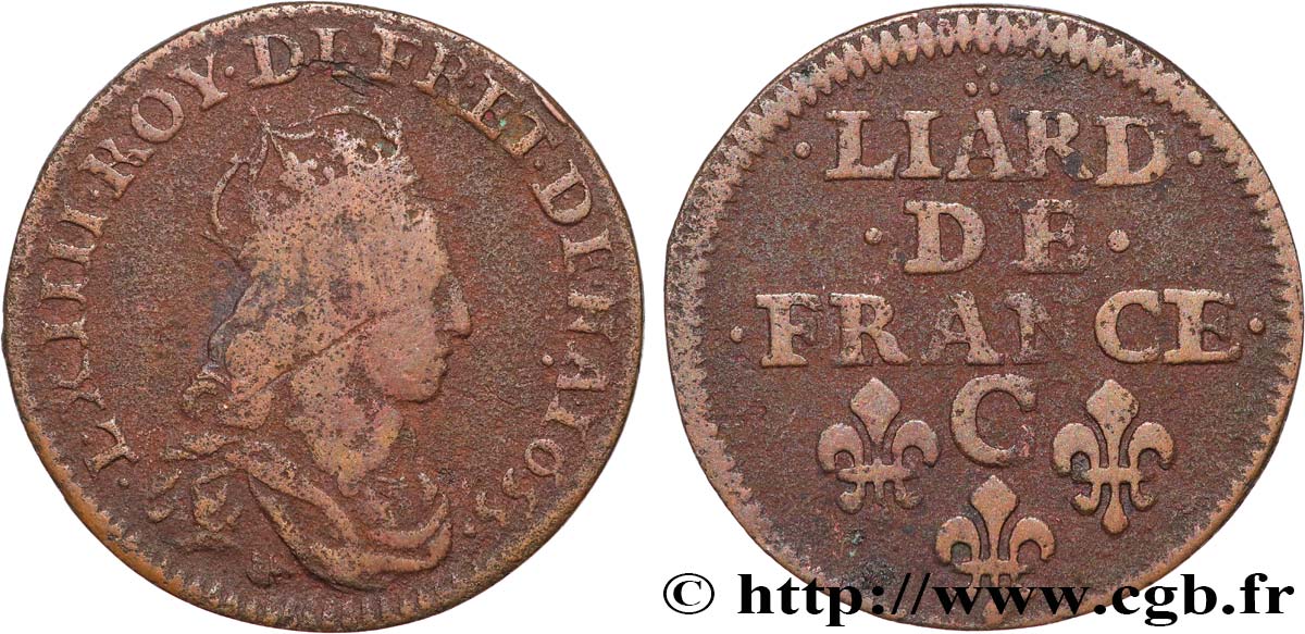 LOUIS XIV LE GRAND OU LE ROI SOLEIL Liard de cuivre, 2e type 1655 Caen TB+