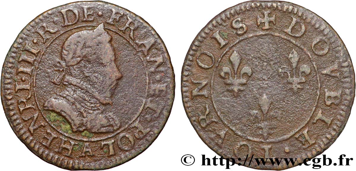 HENRI III Double tournois, 1er type de Paris n.d. Paris, Moulin des Étuves TB+