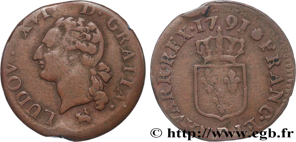 LOUIS XVI Liard dit  à l écu  1791 Rouen TB+