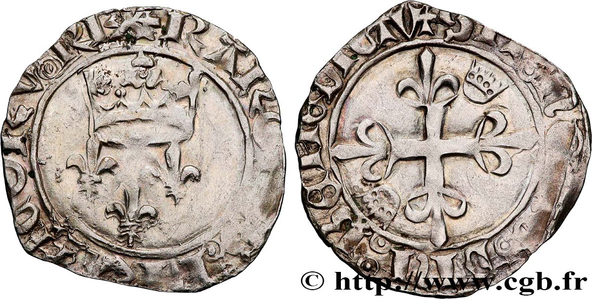 CHARLES, REGENCY - COINAGE WITH THE NAME OF CHARLES VI Gros dit  florette  n.d. Saint-Pourçain fSS