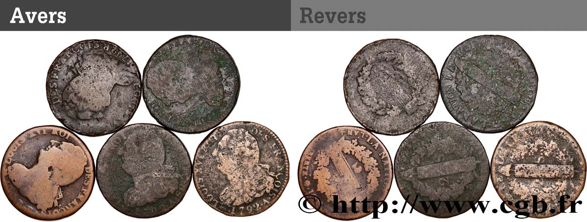 LOUIS XVI (MONARQUE CONSTITUTIONNEL)  2 sols dit  au faisceau , types divers, lot de 5 ex. n.d. Ateliers divers B+