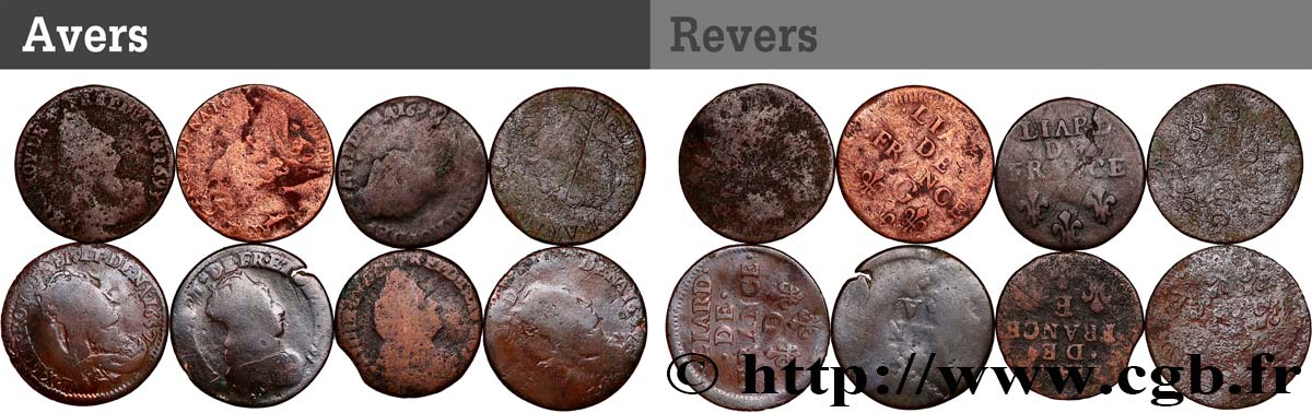 LOUIS XIV &nbsp;THE SUN KING&nbsp; Liard de cuivre, lot de 8 ex. n.d. Ateliers divers fS
