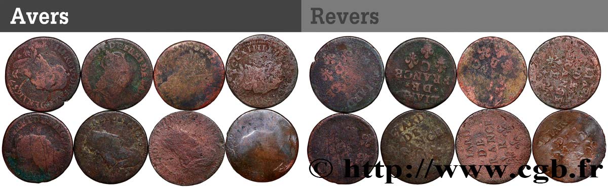 LOUIS XIV  THE SUN KING  Liard de cuivre, lot de 8 ex. n.d. Ateliers divers RC+