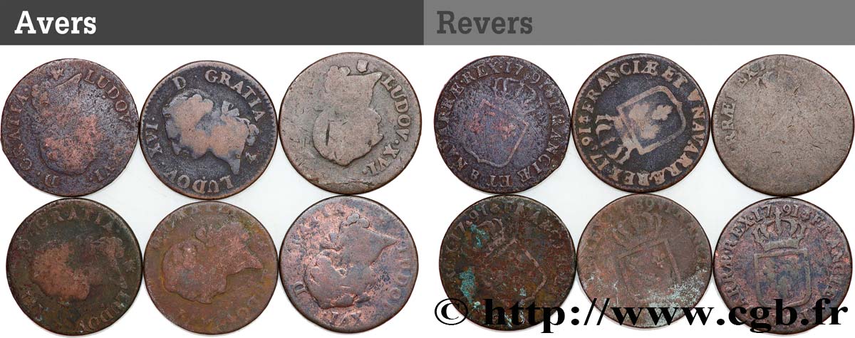 LOUIS XVI Sols dits &nbsp;à l&nbsp;écu&nbsp;, lot de 6 ex. n.d. Ateliers divers F