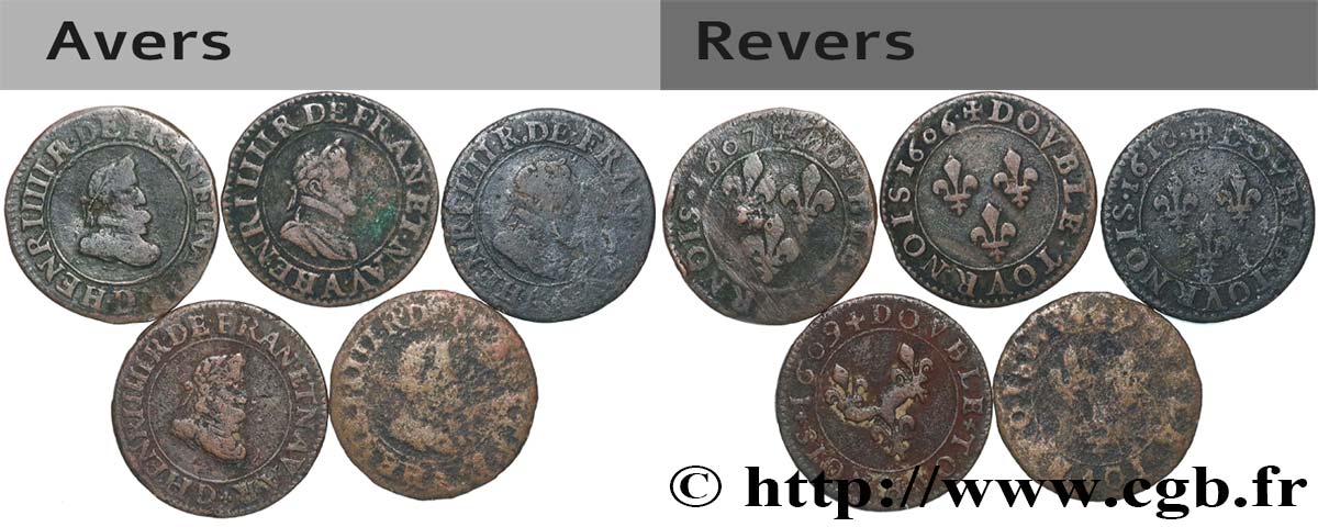 HENRY IV Double tournois, lot de 5 ex. n.d. Ateliers divers BC