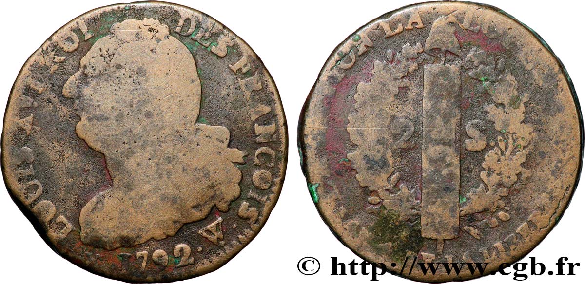 LOUIS XVI 2 sols dit  au faisceau , type FRANCOIS 1792 Arras F