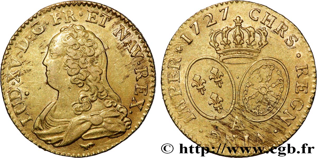 LOUIS XV  THE WELL-BELOVED  Louis d or aux écus ovales, buste habillé 1727 Paris fVZ
