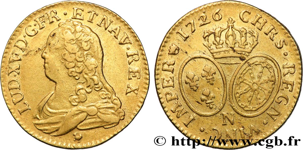 LOUIS XV DIT LE BIEN AIMÉ Louis d&nbsp;or aux écus ovales, buste habillé 1726 Montpellier TTB