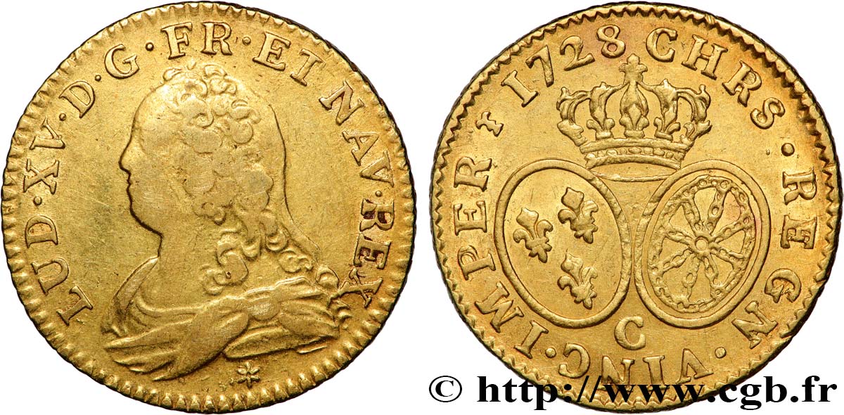 LOUIS XV  THE WELL-BELOVED  Louis d or aux écus ovales, buste habillé 1728 Caen XF/AU