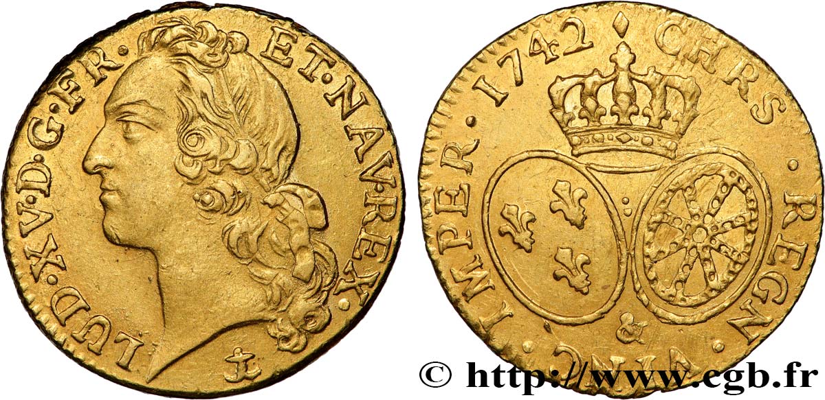 LOUIS XV  THE WELL-BELOVED  Louis d’or aux écus ovales, tête ceinte d’un bandeau 1742 Aix-en-Provence AU