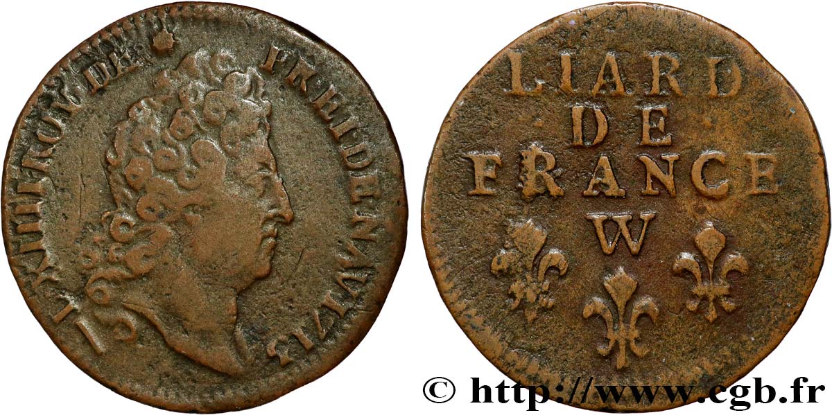LOUIS XIV  THE SUN KING  Liard de France au buste nu 1713 Lille q.BB/BB