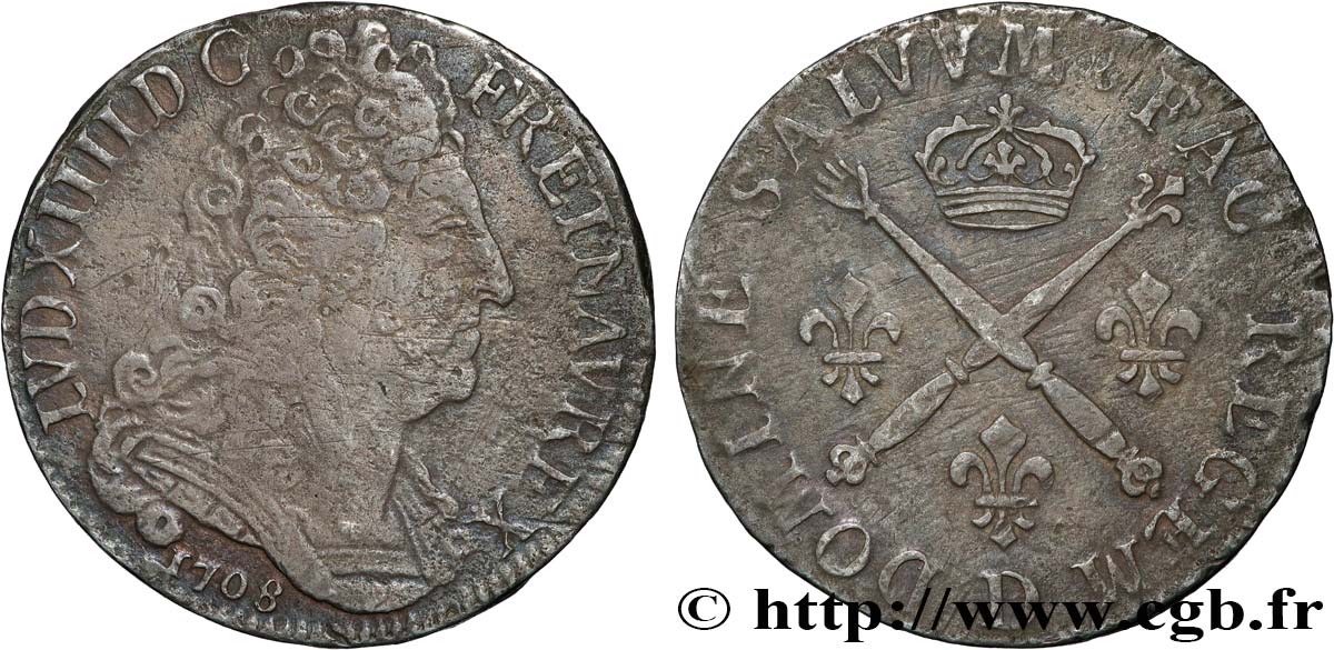 LOUIS XIV  THE SUN KING  20 sols aux insignes 1708 Lyon BC+/MBC