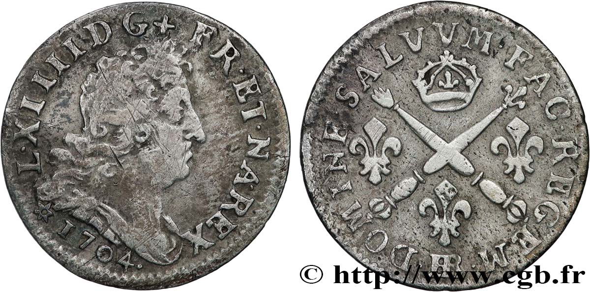 LOUIS XIV  THE SUN KING  Cinq sols aux insignes 1704 Strasbourg BC+/MBC