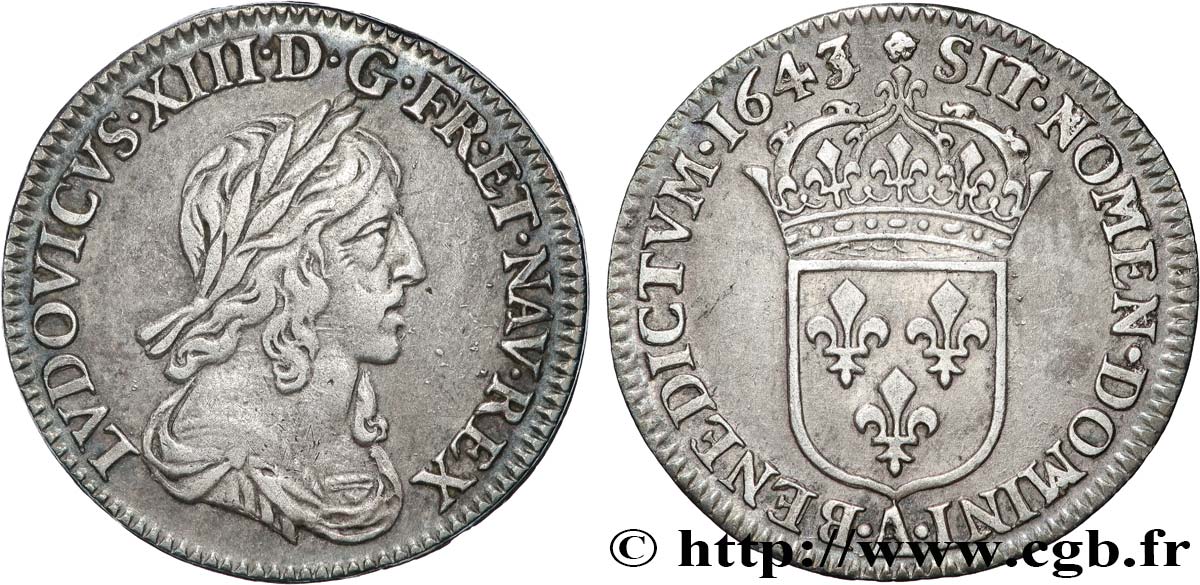 LOUIS XIII LE JUSTE Douzième d écu, buste drapé et cuirassé (2e buste de Jean Warin) 1643 Paris, Monnaie de Matignon TTB+/SUP