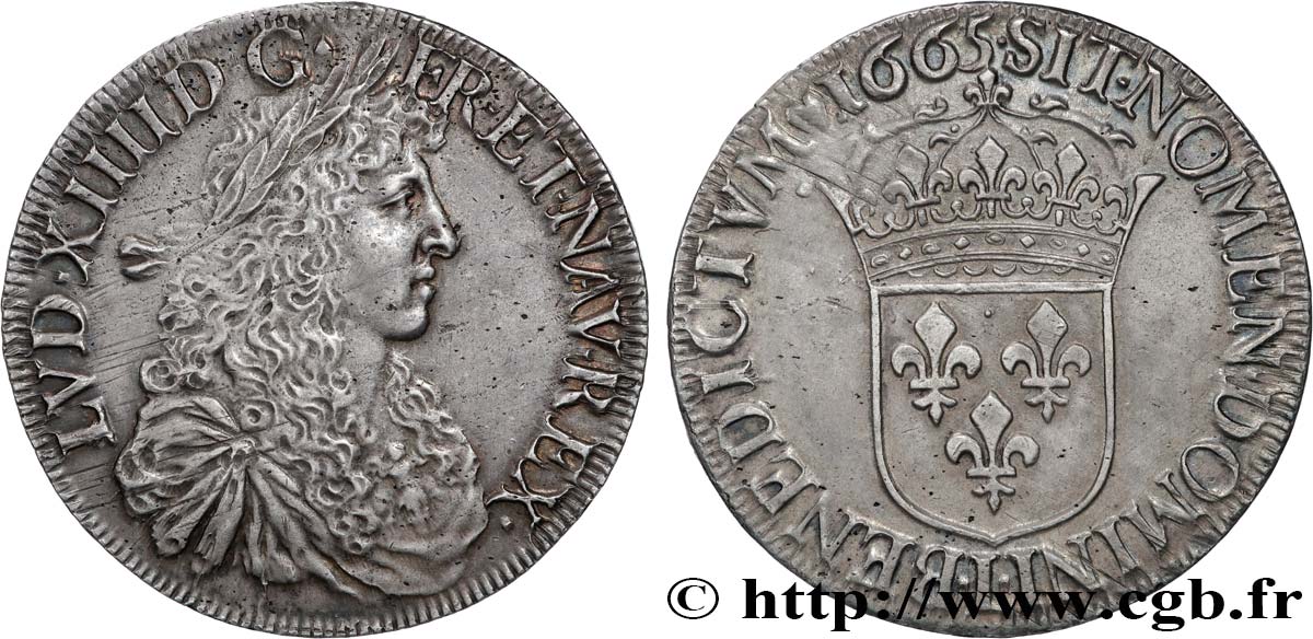 LOUIS XIV  THE SUN KING  Écu, portrait apollinien 1665 Bayonne MBC+/EBC