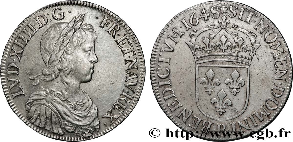 LOUIS XIV  THE SUN KING  Écu, portrait à la mèche longue 1648 Rouen VZ