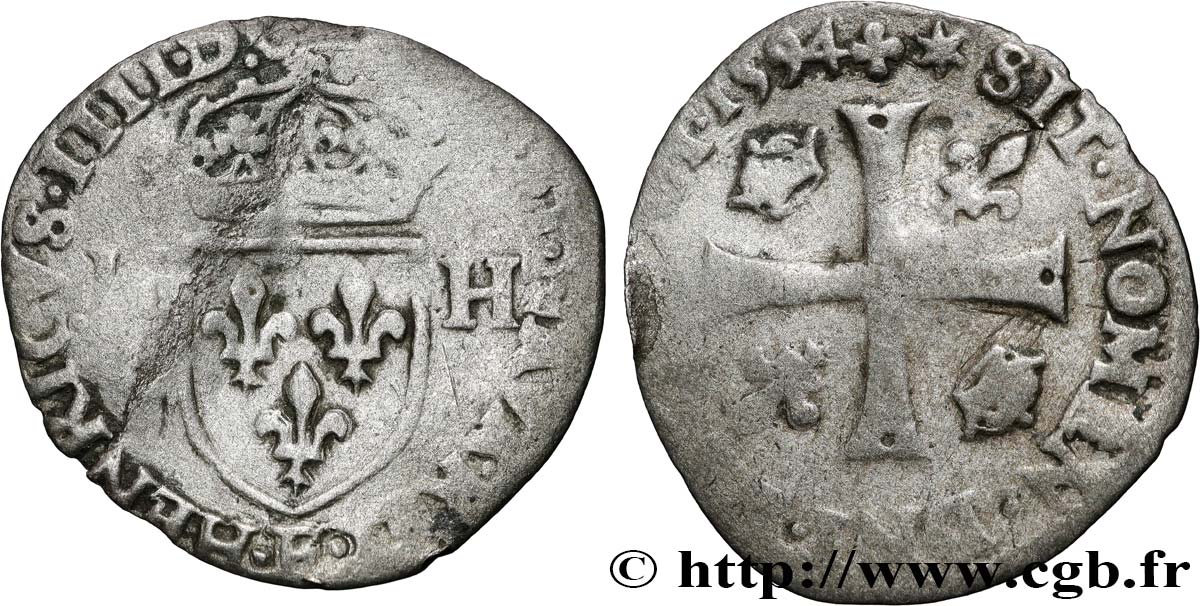 HENRI IV LE GRAND Douzain aux deux H, 2e type 1594 Tours B+