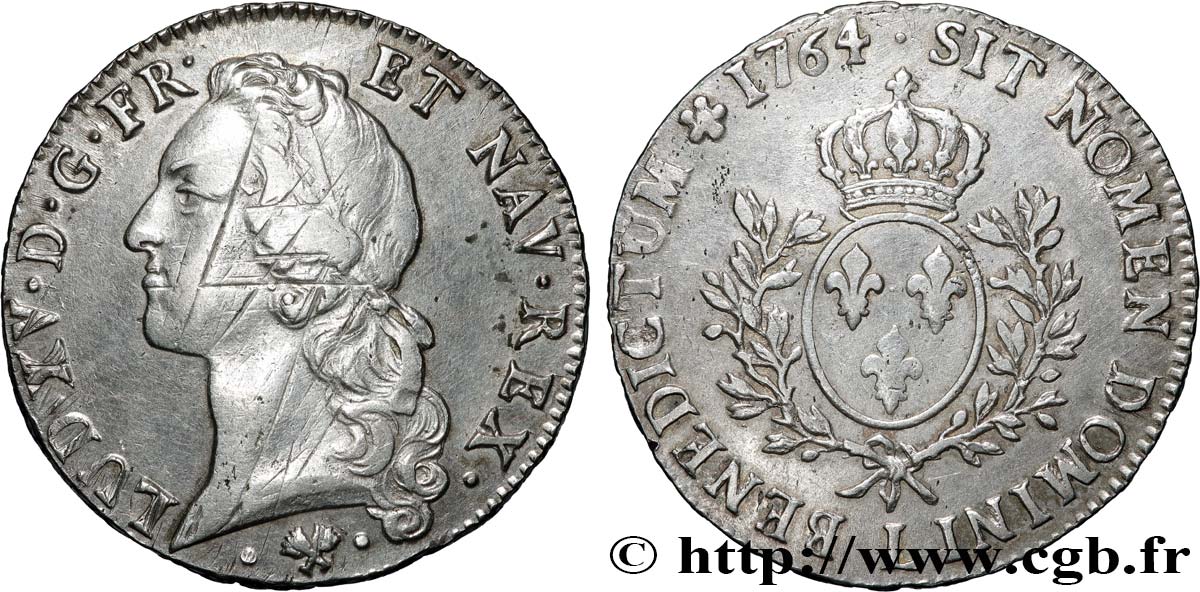 LOUIS XV  THE WELL-BELOVED  Écu aux branches d’olivier, tête ceinte d’un bandeau 1764 Bayonne VF/XF