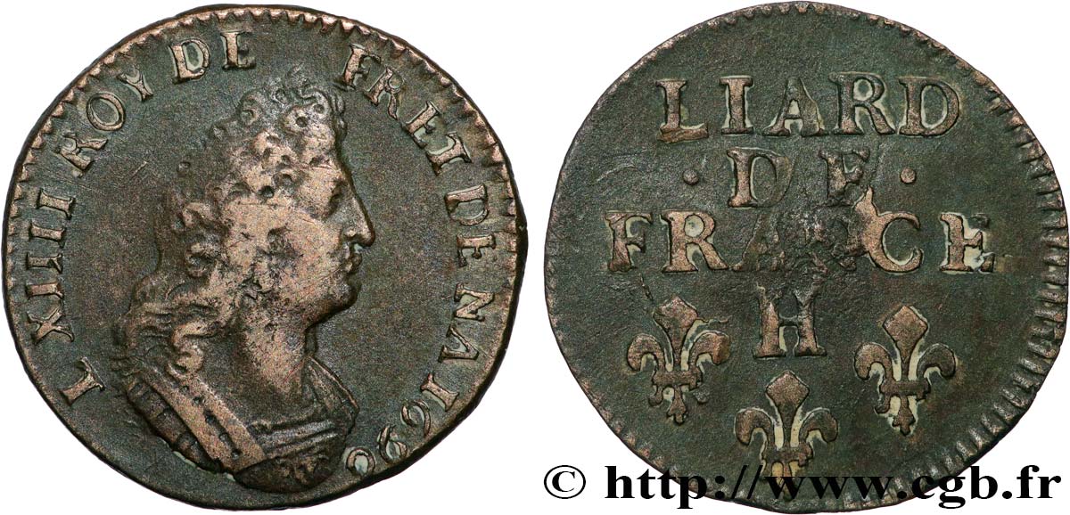 LOUIS XIV LE GRAND OU LE ROI SOLEIL Liard, 3e type, buste âgé 1696 La Rochelle TTB