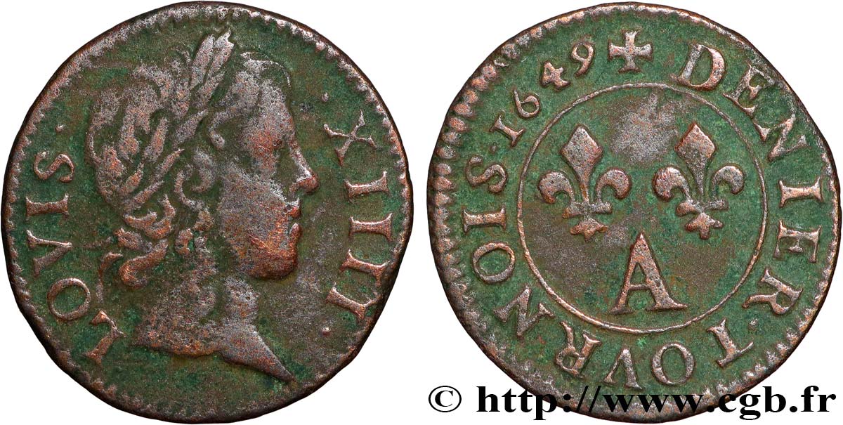 LOUIS XIV LE GRAND OU LE ROI SOLEIL Denier tournois 1649 Paris, Moulin du Louvre TB+/TTB