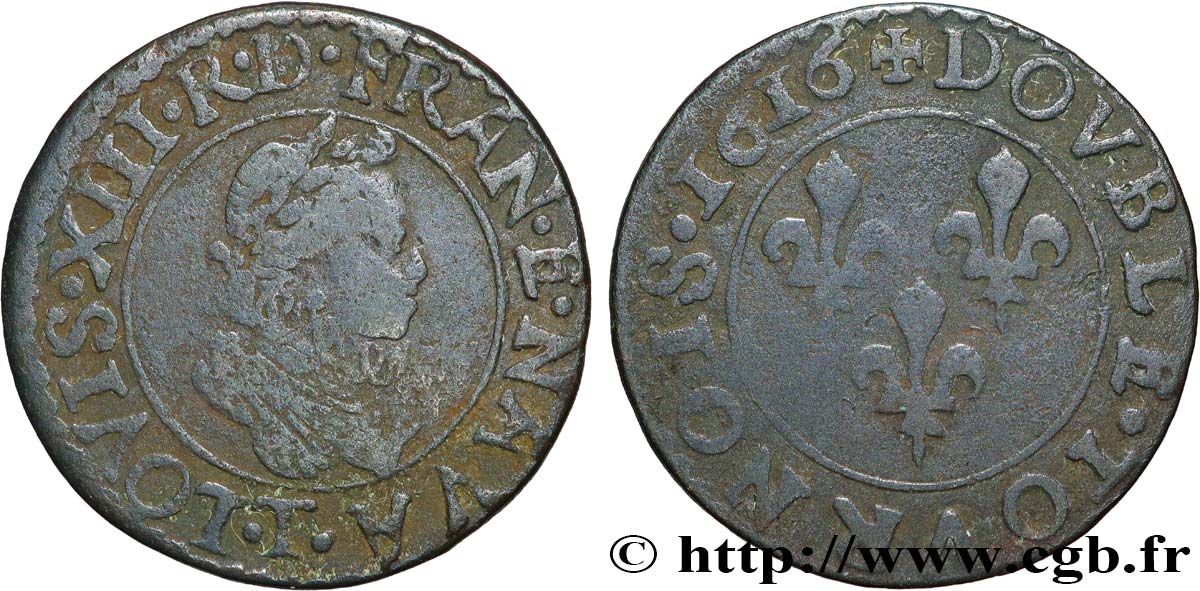 LOUIS XIII  Double tournois 2e type à la fraise 1616 Nantes BC