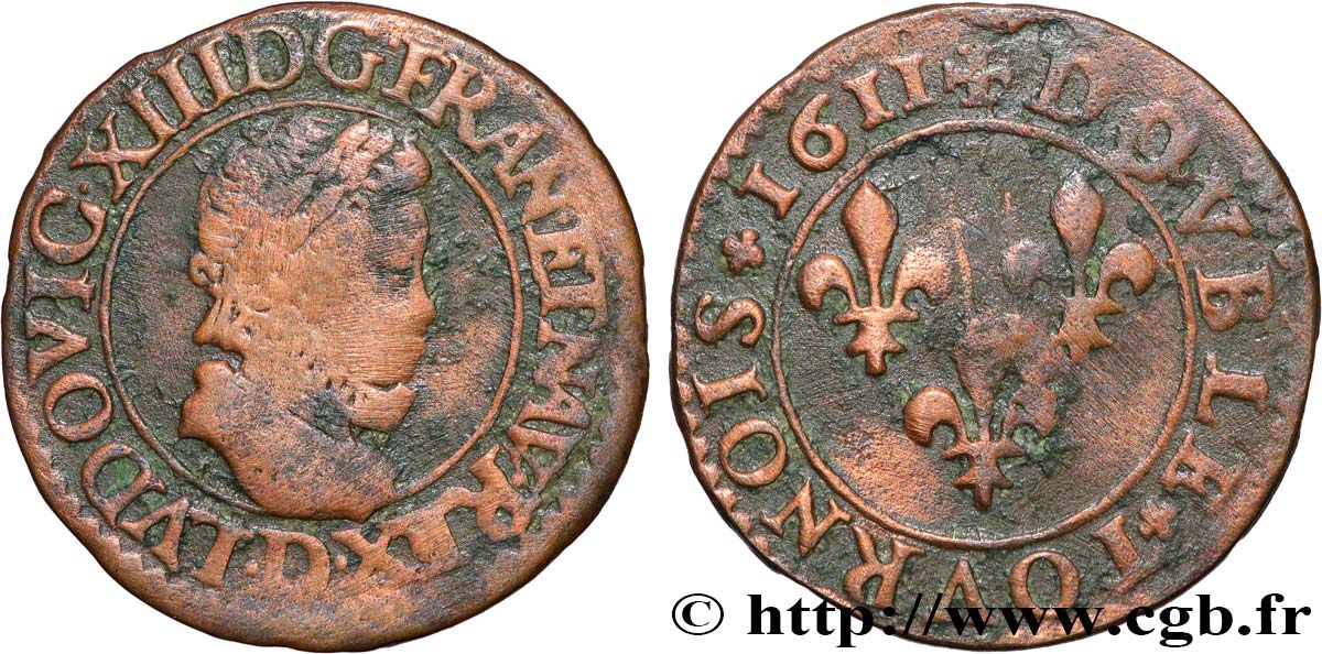 LOUIS XIII  Double tournois, 1er type 1611 Lyon BC+