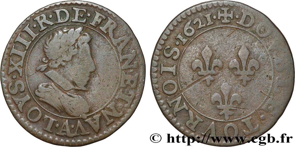 LOUIS XIII LE JUSTE Double tournois, type 2 de Paris 1621 Paris TB+