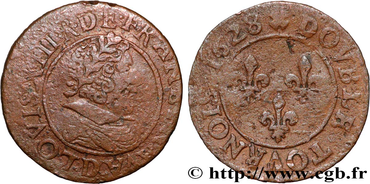 LOUIS XIII LE JUSTE Double tournois, 6e type 1628 Lyon TB