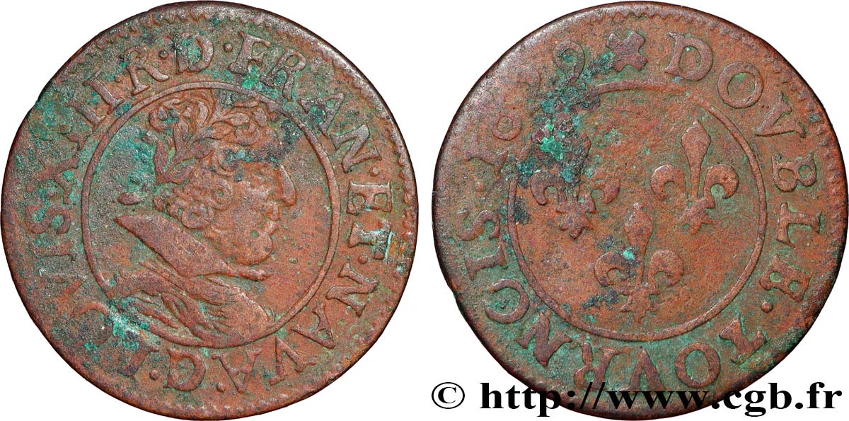 LOUIS XIII  Double tournois, type 6 de Lyon 1629 Lyon VF