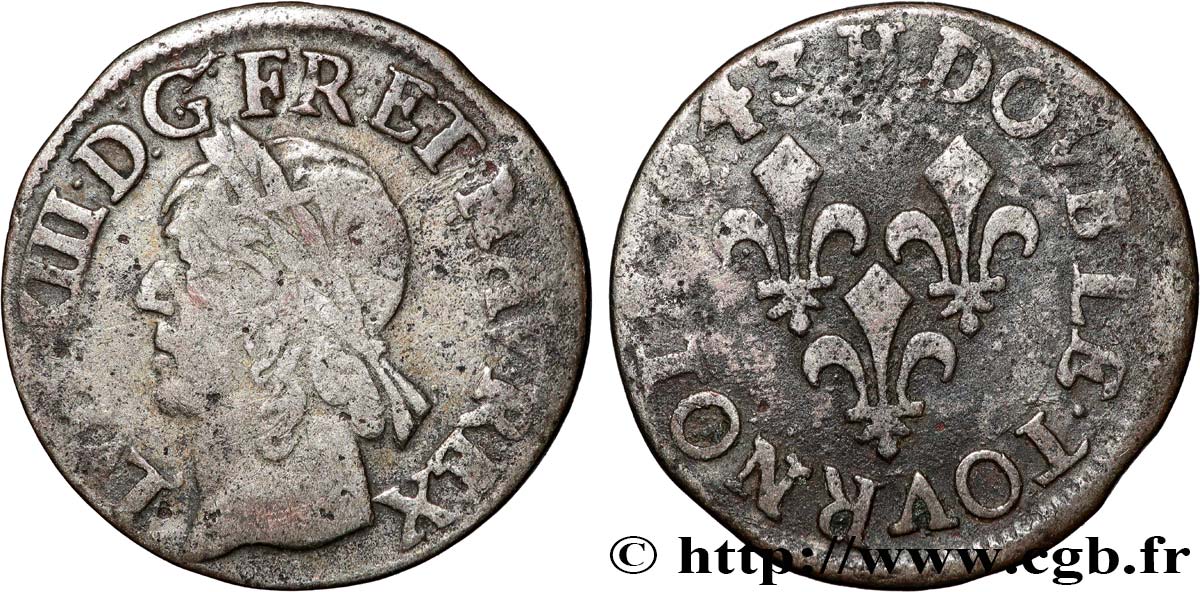 LOUIS XIII LE JUSTE Double tournois, type de Warin 1643 La Rochelle TB+