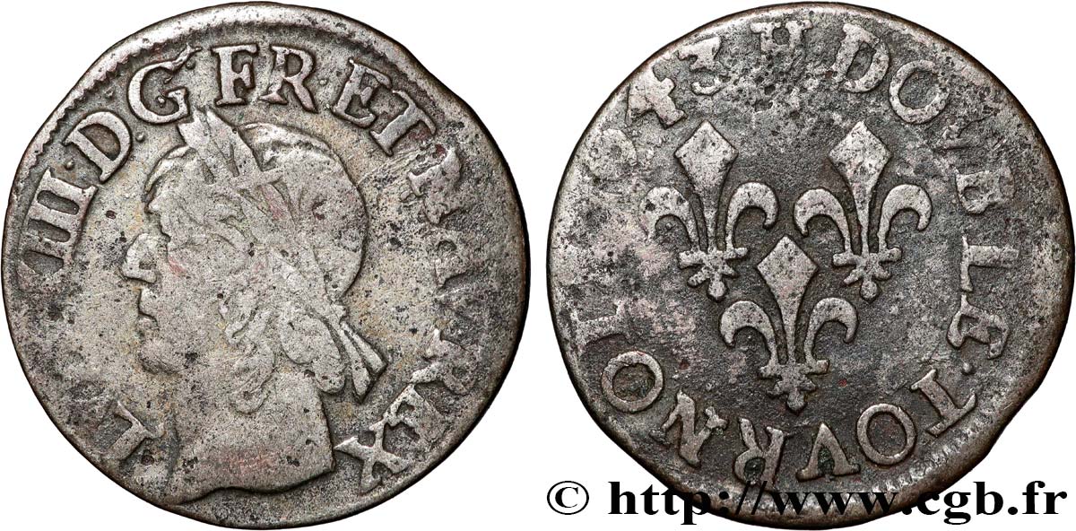 LOUIS XIII  Double tournois, type de Warin 1643 La Rochelle VF