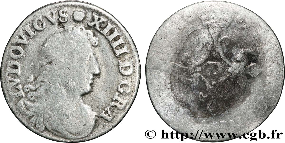 LOUIS XIV LE GRAND OU LE ROI SOLEIL Quatre sols à la croix formée de lis 1675 Vimy-en-Lyonnais (actuellement Neuville-sur-Saône) TB