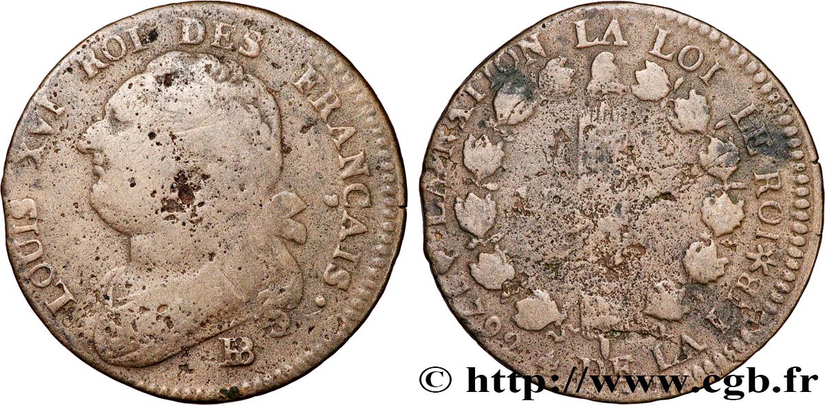 LOUIS XVI 12 deniers dit  au faisceau , type FRANÇAIS 1792 Strasbourg BC+