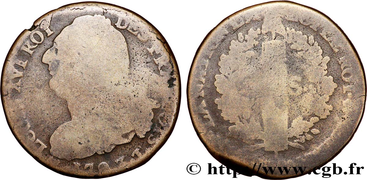 LOUIS XVI (MONARQUE CONSTITUTIONNEL)  2 sols dit  au faisceau , type FRANÇOIS 1793 Nantes B+