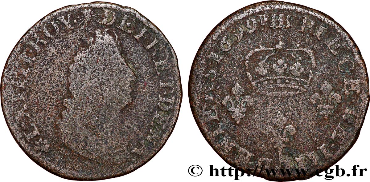 LOUIS XIV LE GRAND OU LE ROI SOLEIL IIII deniers 1708 Strasbourg B+