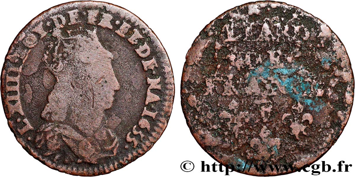 LOUIS XIV LE GRAND OU LE ROI SOLEIL Liard de cuivre, 2e type 1655 Pont-de-l’Arche B+