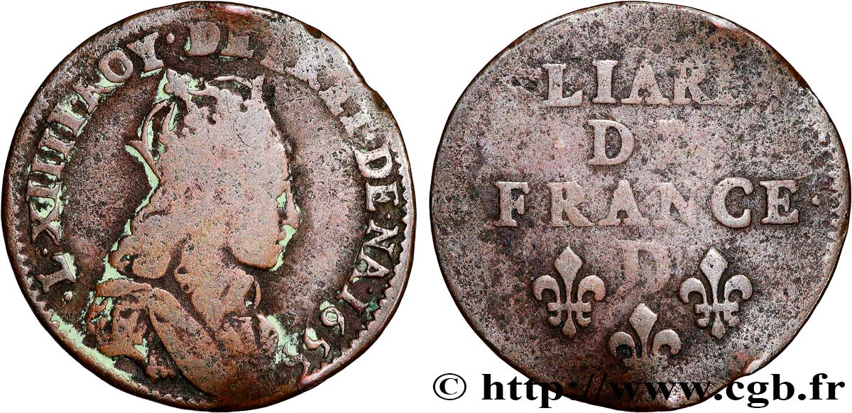 LOUIS XIV LE GRAND OU LE ROI SOLEIL Liard de cuivre, 2e type 1655 Vimy-en-Lyonnais (actuellement Neuville-sur-Saône) B+/TB