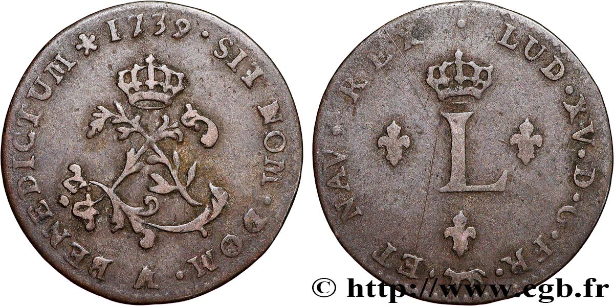 LOUIS XV DIT LE BIEN AIMÉ Double sol de billon 1739 Paris TB+