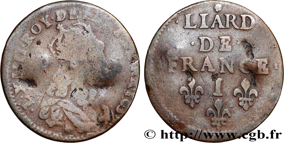LOUIS XIV LE GRAND OU LE ROI SOLEIL Liard de cuivre, 2e type 1657 Limoges TB