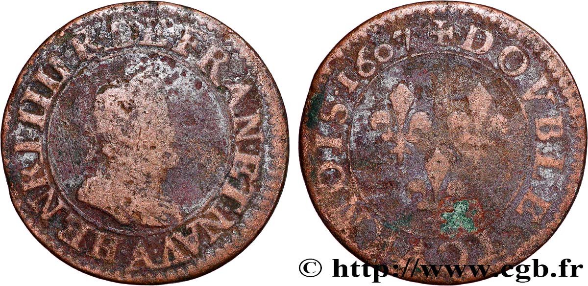 HENRI IV LE GRAND Double tournois, 2e type de Paris (légende française) 1607 Paris, Moulin des Étuves TB
