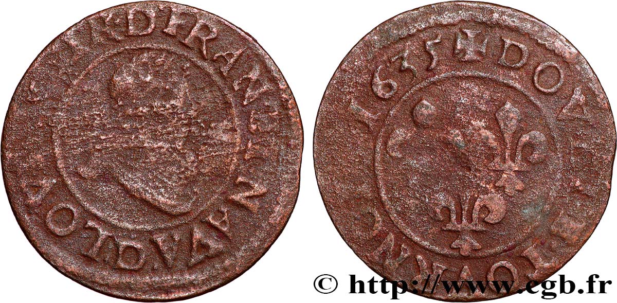 LOUIS XIII LE JUSTE Double tournois, type 8 1635 Lyon TB