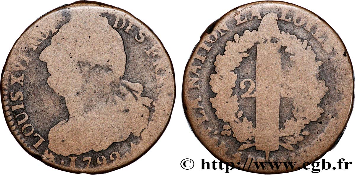 LOUIS XVI (MONARQUE CONSTITUTIONNEL)  2 sols dit  au faisceau , type FRANÇOIS 1792 Paris TB