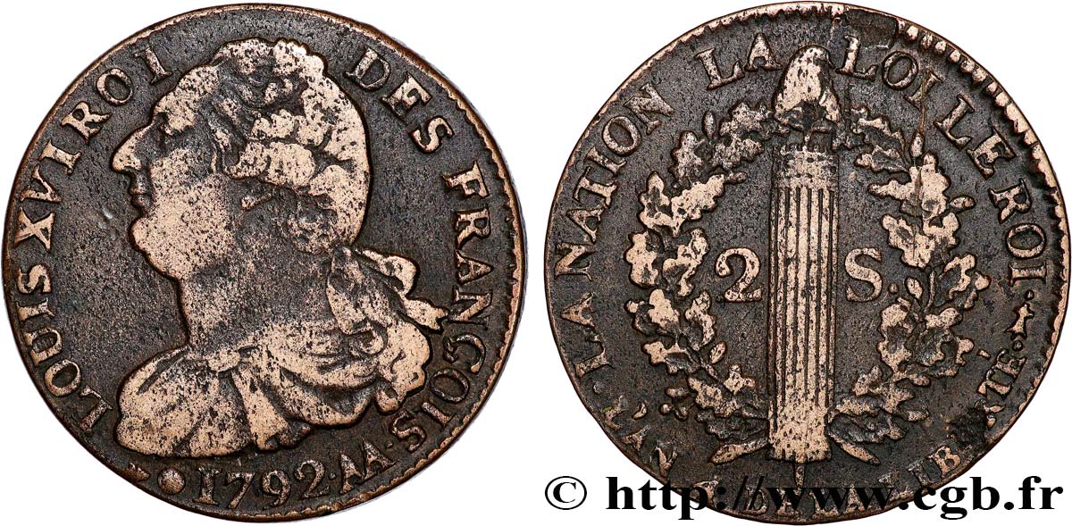 LOUIS XVI 2 sols dit  au faisceau , type FRANCOIS 1792 Metz MBC