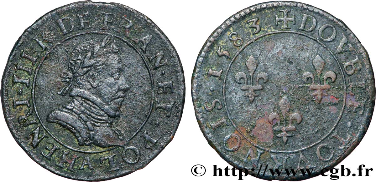 HENRI III Double tournois, 1er type de Paris 1583 Paris, Moulin des Étuves TTB/TB+