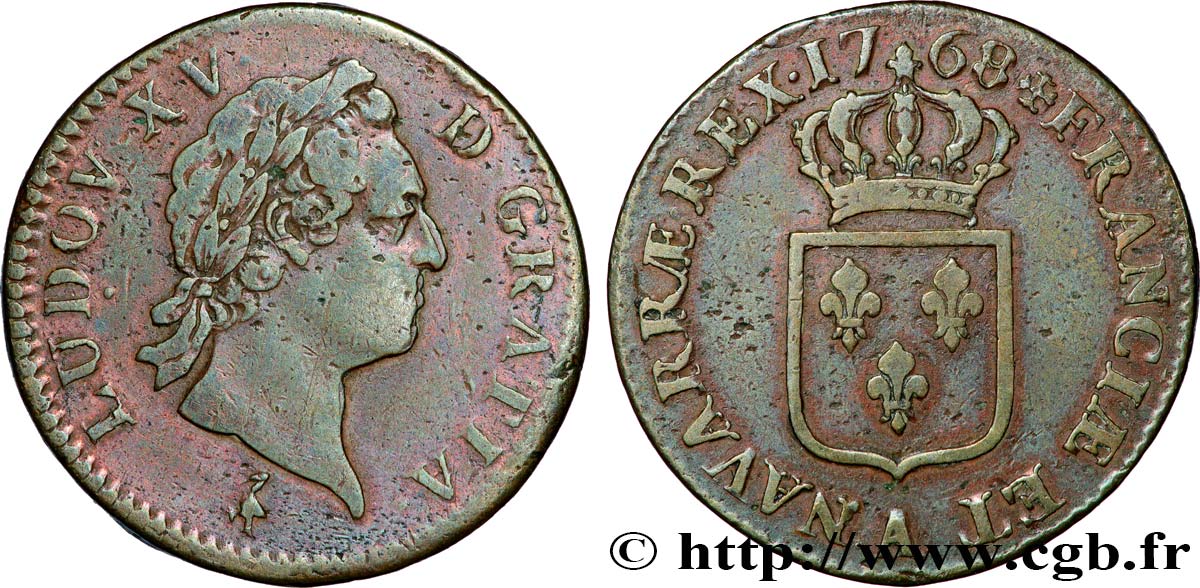 LOUIS XV DIT LE BIEN AIMÉ Sol dit &nbsp;à la vieille tête&nbsp; 1768 Paris TB