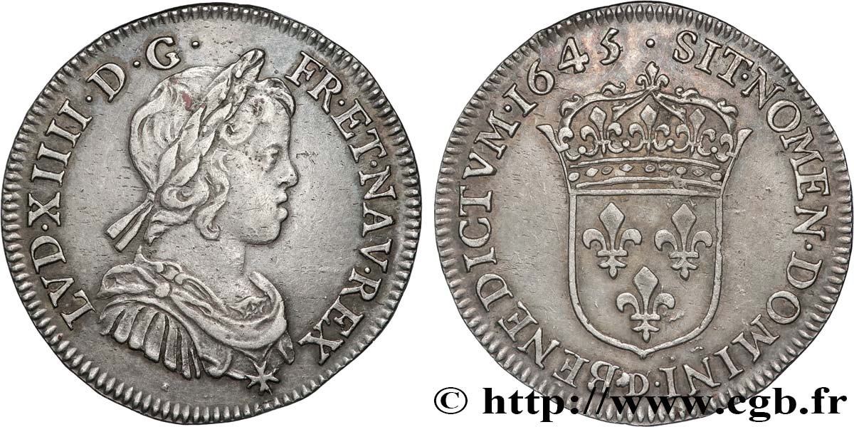 LOUIS XIV  THE SUN KING  Quart d écu, portrait à la mèche courte 1645 Lyon MBC+/EBC