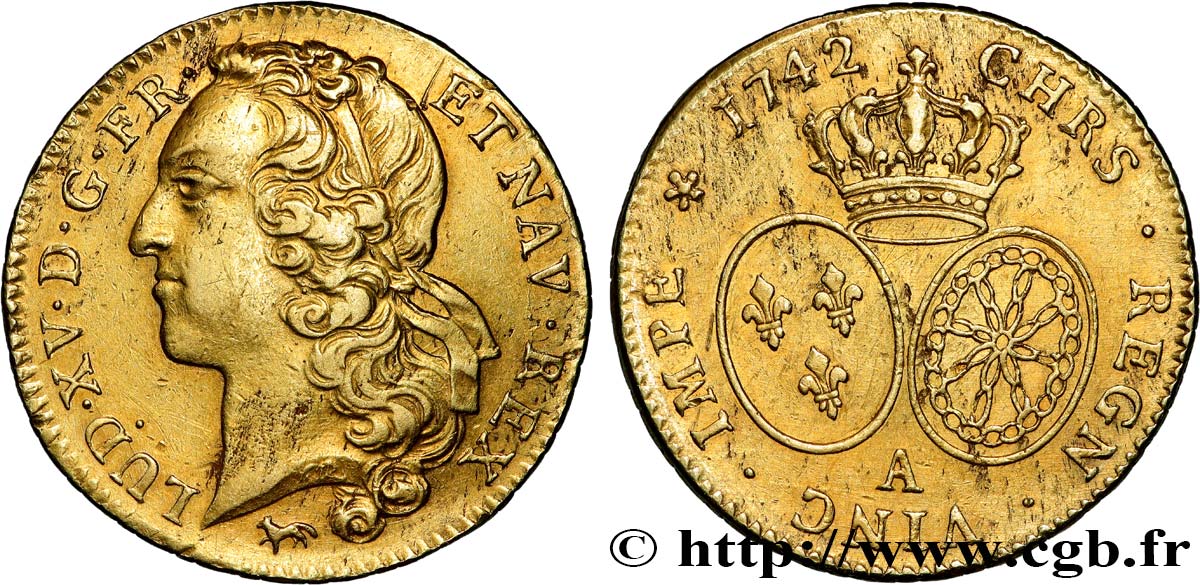 LOUIS XV DIT LE BIEN AIMÉ Double louis d’or aux écus ovales, tête ceinte d’un bandeau 1742 Paris TTB+