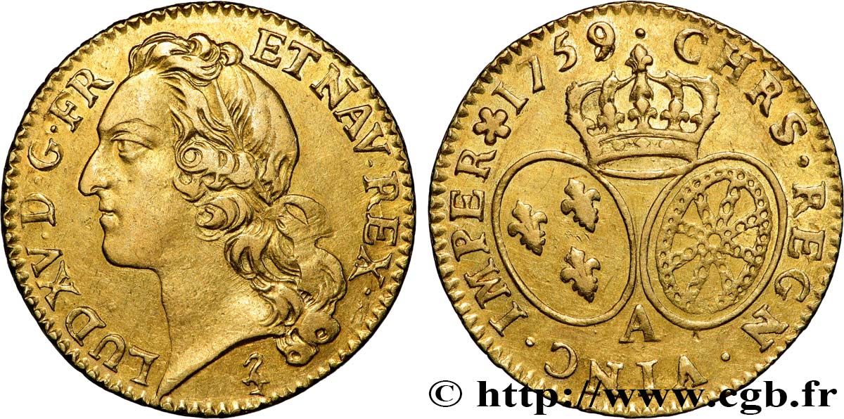 LOUIS XV DIT LE BIEN AIMÉ Louis d’or aux écus ovales, tête ceinte d’un bandeau 1759 Paris TTB+