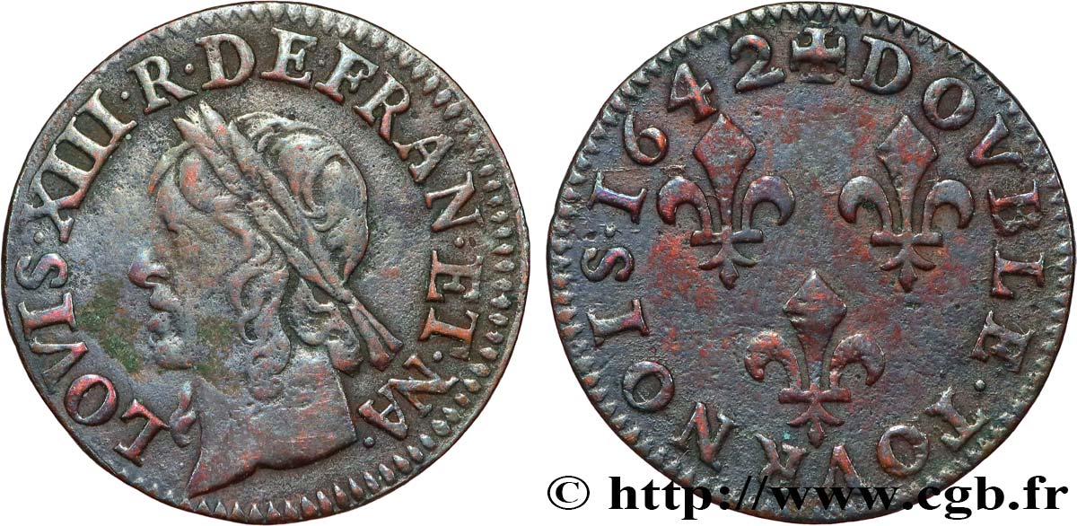 LOUIS XIII LE JUSTE Double tournois à la vieille tête, type de Warin 1642 Atelier indéterminé TTB+