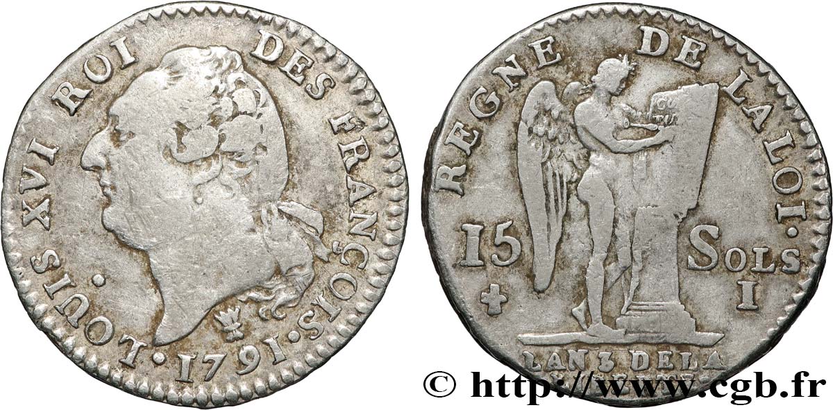 LOUIS XVI (MONARQUE CONSTITUTIONNEL)  15 sols dit  au génie , type FRANCOIS 1791 Limoges TB+